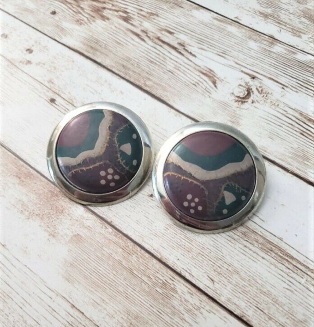 Vintage Clip On Earrings Large Patchwork Style Circle with Silver Tone Halo